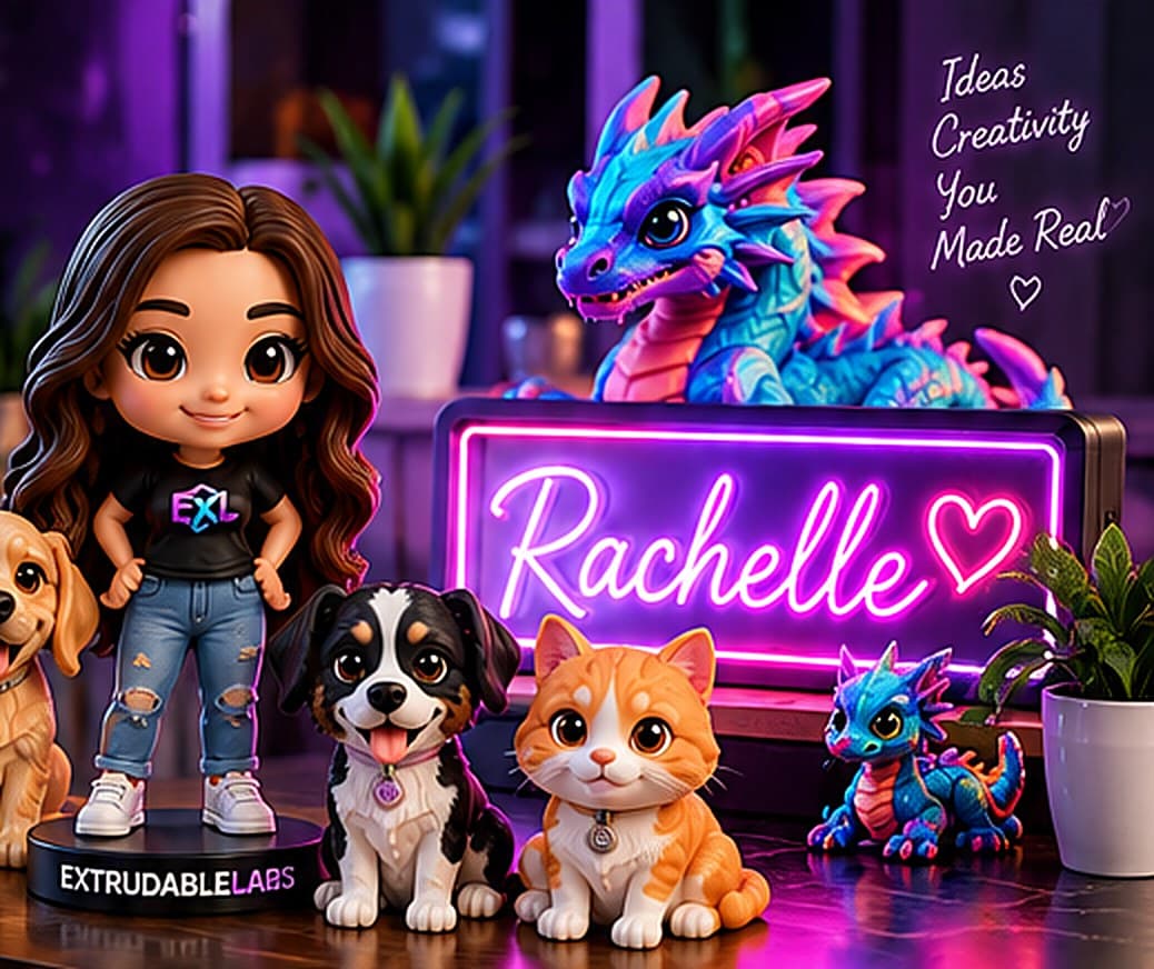 Custom 3D printed figurine, pet miniatures, dragon and a neon name sign